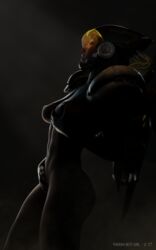 3d alternate_costume black_eyes black_hair blender closed_eyes dark dark-skinned_female dark_background dark_skin female fingering helmet high_resolution holding_breast masturbation muscle muscular_female outline overwatch overwatch_2 overwatch_archives pharah pharah-best-girl power_armor security_chief_pharah torn_bodysuit