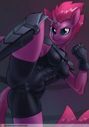 2019 abs anthro anthrofied armor blue_eyes bodysuit broken_horn cameltoe chrysalisdraws clothing electricity equid eye_scar female friendship_is_magic gauntlets gloves handwear hi_res horn leotard mammal muscular muscular_female my_little_pony my_little_pony:_the_movie_(2017) my_little_pony_the_movie scar solo tempest_shadow_(mlp) tight_clothing unicorn