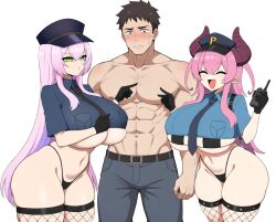 1boy2girls belt buff denim_bottomwear embarrassed fishnets horns laughing lavender_hair muscular_male pink_hair pointy_ears police_hat police_uniform policewoman teasing thong underboob
