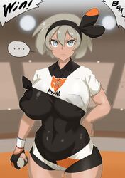 ... 1girls abs alternate_breast_size bea_(pokemon) big_breasts bodysuit breasts busty cameltoe clothed dark-skinned_female dark_skin female female_only huge_breasts kunaboto large_breasts muscular muscular_female pendulum pokemon pokemon_ss pussy shirt shorts solo text venus_body voluptuous