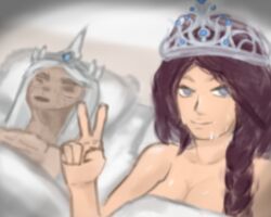 1boy 1girls 2d 2d_(artwork) after_sex arcane_odyssey bed breasts cleavage drained female guy_tired_after_sex_(meme) king_zenith_(arcane_odyssey) long_hair male meme mexico_alien peace_sign pillow purple_hair queen_veronica_(arcane_odyssey) roblox roblox_game robloxian self_upload selfie straight_hair sweat sweatdrop theyhavemeatgunpoint white_hair