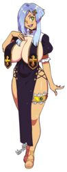 1girls 2017 alice_(matsu-sensei) bangs big_breasts blue_hair breasts breasts_out covered_breasts covered_navel cross full_body garter_belt green_eyes hair_ornament hand_on_own_chest hourglass_figure huge_breasts legs lilirulu looking_at_viewer open_toe_shoes sandals smile wide_hips