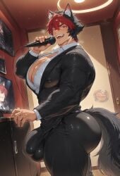 1boy ai_generated big_breasts big_bulge big_chest big_moobs big_pecs black_hair bulge bulge_through_clothing bulge_under_clothes holding_microphone hyper hyper_breasts hyper_chest hyper_moobs hyper_pecs karaoke karaoke_room komano_manato male male_only microphone multicolored_hair muscular muscular_body muscular_male nipples_visible_through_clothing red_eyes red_hair singing tight_clothing ventvert4 zenless_zone_zero