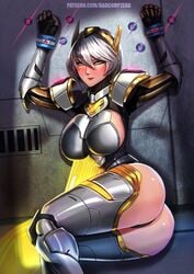 1girls ass badcompzero big_ass big_breasts blush breasts clothing female female_only hair irelia_xan league_of_legends project_irelia project_series restrained solo video_games white_hair