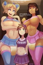 3girls aisha_(milkriot) beauty_mark breasts cheerleader diaper diapered_dom female huge_breasts human messy_diaper milkriot multiple_girls noel_(milkriot) original original_character original_characters rachel_(milkriot) scat sexual_competition size_difference soiling underboob wet_diaper