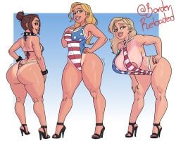 2d 3girls american_flag_bikini ashley_gates borderreloaded brandy_mathers busty cassie_mathers demon_deals exposed_hips female female_focus female_only full_body hip_cleavage hourglass_figure tagme tan tan_body tan_skin tan_skinned_female wide_hips
