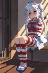 absurdres arms_behind_back blue_eyes blush bondage bound breast_bondage breasts commentary_request crying crying_with_eyes_open detached_sleeves double_bun dress frilled_dress frills frostbite_(artist) gochuumon_wa_usagi_desu_ka? grey_hair hair_bun hat highres kafuu_chino long_hair looking_to_the_side pussy_juice restrained shibari_over_clothes shoes sitting skindentation small_breasts socks tam_o'_shanter tears very_long_hair white_socks