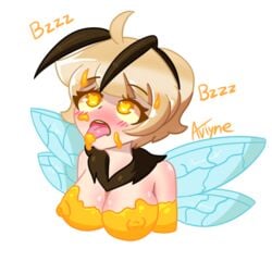 1girls antennae avi aviyne bee blonde_hair blush breasts bust facial heart-shaped_pupils heart_eyes honey mouth nipples open_mouth original_character penny tongue_out wings