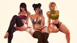 3girls azuma_yasuo azumaarts big_breasts black_hair blanket blonde_hair blue_eyes breasts brown_eyes cammy_white capcom chun-li facial_scar feet hair_buns hair_down hair_over_one_eye juri_han looking_at_viewer painted_nails phone pussy red_eyes selfie sitting smile streaked_hair street_fighter thick_thighs thighs white_background