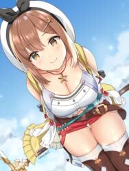 1girls artist_name atelier_(series) atelier_ryza belt bent_over beret blue_sky blush breasts brown_eyes brown_hair cleavage closed_mouth cloud collarbone cowboy_shot dutch_angle female hair hair_ornament hairclip hat highres holding jewelry kaetzchen large_breasts looking_at_viewer navel necklace red_shorts reisalin_stout shirt short_hair short_shorts shorts skindentation sky smile solo star star_necklace test_tube thigh_gap thighhighs thighs white_headwear white_shirt