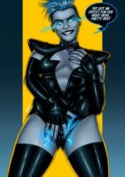 1girls biting_lip biting_own_lip black_lipstick blue_body blue_eyes blue_hair blue_nails blue_skin boob_window breasts cameltoe collar dc dc_comics dialogue elbow_gloves electric electricity electricity_manipulation electrostimulation english english_text female female_only fingerless_gloves gloves glowing_eyes hand_on_breast hand_on_crotch imminent_electrostimulation latex latex_clothing latex_gloves latex_thighhighs leotard lipstick livewire no_pupils pinup razanul repost sideboob simple_background solo solo_female speech_bubble superman_(series) supervillain supervillainess text thighhighs thighs villain villainess