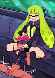 1boy 1girls agent_3_(splatoon) agent_8_(splatoon) artist_name badguyvivi black_legwear blindfold blush bottomless clothing cum cumshot dark-skinned_male dark_skin domination fangs feet femdom footjob footjob_with_legwear green_hair hand_on_another's_head head_grab indoors inkling inkling_girl interspecies malesub nintendo octarian octoling octoling_boy purple_eyes red_hair saliva smile splatoon splatoon_2 submissive_male sweat teeth toeless_legwear toeless_socks toes tongue tongue_grab tongue_out