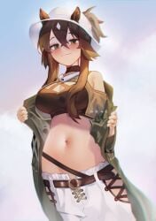 1girls 2d 2d_(artwork) 2d_artwork ak4ci arknights belly belly_button big_breasts black_crop_top black_topwear blue_sky blush blush_face blushing_at_viewer blushing_female blushing_lines breasts brown-haired_female brown_eyebrows brown_hair busty busty_female busty_girl cap cleavage closed_mouth_smile coat crop_top curvaceous curvaceous_body curvaceous_female curvaceous_figure curvaceous_hips curvy curvy_body curvy_female curvy_figure curvy_hips day daylight daytime digital digital_art digital_drawing digital_drawing_(artwork) digital_media digital_media_(artwork) female female_focus female_only fingers green-eyed_female green_coat green_eyes green_jacket hair_between_eyes hat high_resolution highres horse_ears horse_girl hourglass_figure jacket large_boobs large_breasts lean_figure light_smile long_hair looking_at_viewer meteor_(arknights) midriff narrow_waist navel open_coat open_jacket outdoor outdoors outside shoulders sidelocks simple_background sky slender_body slender_waist slim_waist smile smiley_face smiling smiling_at_viewer solo standing topwear upper_body wide_hips