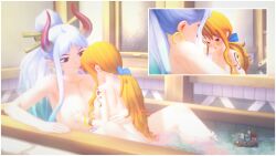 2girls 3d arm_tattoo bath bathing big_breasts black_tattoo breast_grab fanart female female_only koikatsu nami_(one_piece) nude one_piece oni oni_female oni_horns orange-haired_female orange_hair red_hair size_difference sweat tall_female tattoo tenguyurilove two-tone_hair white-haired_female white_hair yamato_(one_piece) yuri