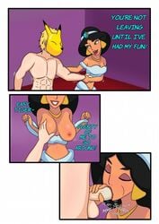 1boy 1girls aladdin arabian breast_grab breasts clothing comic crossover dark-skinned_female dark_skin disney disney_princess fellatio female fox_mask groping high_resolution hyoreisan interracial keaton_mask light-skinned_male male mask nipples oral original_character pale-skinned_male pale_skin princess_jasmine