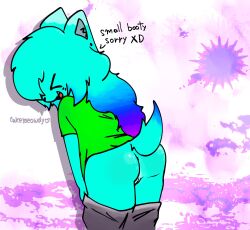 abstract_background alice_(cakemeowdy) anthro artist_name ass bent_legs blue_body blue_fur blush blush_lines bottomwear bottomwear_down cakemeowdy canid canine canis closed_eyes clothed clothing dialogue domestic_cat domestic_dog dyed_fur dyed_tail ear_piercing ears_up fangs felid feline felis female female_anthro fur genitals glistening glistening_butt green_clothing green_shirt green_t-shirt green_topwear hair hair_over_eye hi_res highlights_(coloring) hybrid inner_ear_fluff laugh long_hair mammal pants pants_down partially_clothed partially_clothed_anthro partially_clothed_female piercing presenting presenting_hindquarters shirt signature small_butt smile smiling_at_viewer solo solo_focus speech_bubble standing t-shirt tail taking_off_pants talking_to_viewer teeth text topwear tuft vulva xd