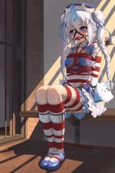 absurdres arms_behind_back ball_gag blue_eyes blush bondage bound breast_bondage breasts commentary_request crying crying_with_eyes_open detached_sleeves double_bun dress drooling frilled_dress frills frostbite_(artist) gag gagged gochuumon_wa_usagi_desu_ka? grey_hair hair_bun hat highres kafuu_chino long_hair looking_to_the_side pussy_juice restrained shibari_over_clothes shoes sitting skindentation small_breasts socks tam_o'_shanter tears very_long_hair white_socks wiffle_gag