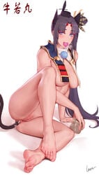 absurdres anal anal_object_insertion anal_tail areola_slip areolae armor ass bangs bare_shoulders barefoot black_hair blue_eyes blush breasts clitoris_piercing closed_mouth condom condom_in_mouth cum cum_in_container cum_in_cup cup fake_tail fate/grand_order fate_(series) feathers feet female female_focus forehead functionally_nude hair_bun hair_feathers hair_ornament highres japanese_armor knee_up large_breasts legs long_hair looking_at_viewer mostly_nude mouth_hold musk object_insertion parted_bangs piercing pussy rosaline saliva shaved_pussy side_bun side_ponytail simple_background smile soles solo tail thighs toes underwear ushiwakamaru_(fate/grand_order) veins veiny_breasts very_long_hair visible_breath white_background