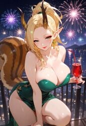 aerial_fireworks aetera ai_generated asymmetrical_hair balcony bare_legs bare_shoulders bare_thighs big_breasts blonde_female blonde_hair brown_horn cleavage ear_ring elf_ears female fireworks forehead from_above gold_earring green_dress green_eyes hair_over_shoulder hand_support high_ponytail holding_drink irina_(the_witchs_fabulous_cracker_show) light_blush makeup new_year new_year_2026 night night_sky ponytail red_fingernails red_lips red_lipstick seaside seductive_smile smile smiling_at_viewer squirrel_tail strapless_dress the_witchs_fabulous_cracker_show thick_thighs wine wine_glass