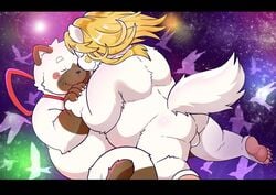 2019 anthro ass balls belly blush closed_eyes domestic_cat felid feline felis fur hand_holding humanoid_hands hupi1008 male male_only mammal space white_fur