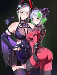 2girls aqua_nails arched_back ass bare_shoulders big_ass big_breasts blush bodysuit breasts bridal_gauntlets chest_harness cleavage contrapposto costume_switch cowboy_shot dress earrings exoskeleton fishnet_clothing fishnets froot grabbing_own_thigh green_eyes green_hair grey_hair hairclip hand_on_hip hand_on_own_hip harness hips horns huge_breasts impossible_clothes impossible_fit indie_virtual_youtuber jamesloves_art large_ass large_breasts looking_at_viewer multicolored_hair nail_polish outfit_swap painted_nails pale-skinned_female pale_skin pointy_ears pose posing purple_nails ring rings sash seductive seductive_pose see-through see-through_clothing sexy sexy_pose short_hair shoulders sidelocks size_difference skirt slim_waist smile thick_thighs thigh_against_crotch thigh_grab thighhighs thighs tiara tight_clothing tight_fit virtual_youtuber vtuber wide_hips wings yellow_eyes zentreya zentreya_(cyborg)