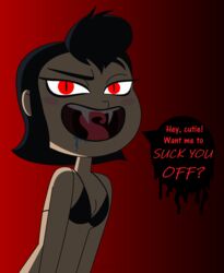 1girls 2018 bikini bikini_top black_hair bra cat_eyes cute dark_background digital_media_(artwork) fanart fangs female female_only hotel_transylvania human human_only humanoid licking_teeth looking_at_viewer mavis_dracula nerdsman567 raised_eyebrow red_background red_eyes sharp_teeth signature solo speech_bubble tagme talking_to_viewer text tongue vampire