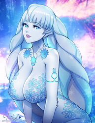 1girls anthro bedroom_eyes big_breasts blue_eyes breasts bunny_ears cleavage dahlia_(xenoblade) fur large_breasts leaning_forward long_hair looking_at_viewer pinkladymage smile snow tattoo white_hair xenoblade_(series) xenoblade_chronicles_2