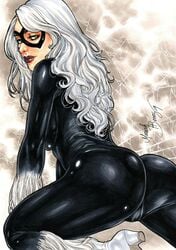 1girls 2019 ass black_bodysuit black_cat_(marvel) bodysuit dat_ass dated domino_mask ed_benes_studio eyeshadow felicia_hardy female female_only from_behind fur_trim green_eyes heels human kneeling lipstick long_hair looking_back makeup mariah_benes marvel marvel_comics mascara mask pinup red_lips red_lipstick signature skintight skintight_bodysuit solo spider-man_(series) superheroine thick_ass web webbing white_hair white_heels