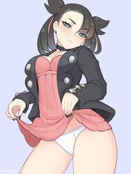 1girls alternate_breast_size blush breasts cleavage eye_contact eyebrows_visible_through_hair female female_only half-closed_eyes human_only looking_at_viewer marnie_(pokemon) panties pokemon pokemon_ss shellvi skirt skirt_lift solo text thick_thighs upskirt watermark wide_hips