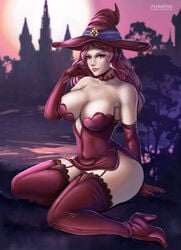 1girls 2019 adult adult_female big_breasts big_cleavage black_clover breasts castle choker cleavage curvy dawn detached_sleeves ear_piercing fair-skinned_female fair_skin female female_only flowerxl garter_belt hat heel_boots heels high_heels human human_female light-skinned_female light_skin long_hair looking_at_viewer moving_hair no_bra no_pants outdoors outside pink_eyes pink_hair pink_sky purple_eyes purple_sky realistic_breast_size realistic_proportions red_clothes red_clothing revealing revealing_clothes side_ass smile solo sun sunset thick_thighs thighhighs thighs tree trees vanessa_enoteca wavy_hair witch witch_hat wizard young_woman