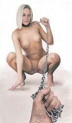 barefoot blonde_hair bondage chain_leash chains collar femsub leash nude shaved_pussy squatting unimun unseen_male_face