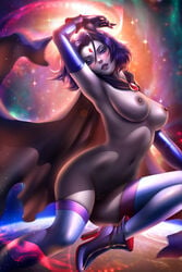 1girls absurdres areolae arm_up armpit armpits arms_up ayyasap blush blushing_at_viewer boots breasts cape cloak cowl dc dc_comics exposed_breasts exposed_nipples exposed_pussy female female_focus female_only functionally_nude functionally_nude_female gem grey_body grey_skin high_heel_boots high_heels jewel jewelry large_breasts leggings legwear lips looking_at_viewer naked naked_female nipples nude nude_female parted_lips purple_eyes purple_hair pussy rachel_roth raven_(dc) short_hair smile smiling smiling_at_viewer smooth_skin solo solo_female solo_focus straight_hair teen_titans thighhighs