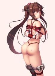 absurdres arms_behind_back ass bare_shoulders big_breasts bondage bound bound_arms bound_legs breasts brown_hair busty crotch_rope female femsub highres kaddo kantai_collection long_hair looking_at_viewer nipple ponytail red_rope restrained rope rope_bondage solo tied tied_up white_background yamato_(kantai_collection)