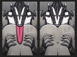 2019 absurd_res anal anthro ass biped black_fur claws duo duo_focus elafi fur group hi_res humanoid_penis long_tongue looking_at_viewer male male/male mammal muscular muscular_male nintendo nude obstagoon oral penis pokémon_(species) pokemon pokemon_ss rimjob simple_background tongue tongue_out video_games