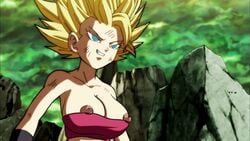 1girls accurate_art_style blonde_hair blue_eyes bra bra_pull breasts caulifla dragon_ball dragon_ball_super edit female female_only gan_(artist) green_eyes light-skinned_female light_skin long_hair looking_away medium_breasts nipples outdoors saiyan scratches screenshot screenshot_edit smiling solo spiky_hair standing super_saiyan super_saiyan_2