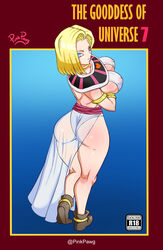 1girls android_18 blonde_hair blue_eyes cameltoe cleavage cosplay curvy dragon_ball dragon_ball_super erect_nipples female god_of_destruction goddess goddess_of_destruction huge_areolae huge_ass huge_breasts pinkpawg puffy_nipples short_hair thick_lips voluptuous wide_hips