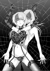 couple deathtopia garter_belt gloves kouro_hibiki kouro_suzune lingerie monochrome multicolored_hair spider_web stockings thighhighs twins yamada_yoshinobu