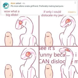 1:1 2019 albino albino_snake_girlfriend anthro ask_blog colubrid comic corn_snake cornelia_(glacierclear) digital_media_(artwork) dildo disembodied_penis duo english_text female glacierclear hi_res humor lampropeltini male nude open_mouth penis rat_snake red_eyes reptile scalie sex_toy simple_background smile snake solo_focus text