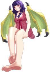 1girls aged_up alternate_breast_size alternate_costume alternate_hairstyle barefoot battoart blush clothed_female dragon dragon_wings feet female female_only fire_emblem fire_emblem:_the_sacred_stones foot_fetish highres lingerie manakete myrrh_(fire_emblem) negligee purple_hair red_eyes soles solo standing toes white_background wings