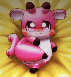 anthro bed_sheet bedding blush brown_fur cocotama featureless_limbs female fur hirake!_cocotama looking_at_viewer multicolored_fur nude pink_eyes pink_fur pipopa pussy solo white_fur 九尾