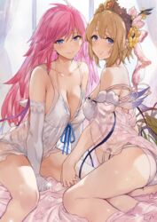 2girls ass back backlighting bangs bare_shoulders bikini blonde_hair blue_eyes blue_ribbon blush breasts cleavage closed_mouth collarbone curtains elbow_gloves europa_(granblue_fantasy) flower gabriel_(granblue_fantasy) gloves granblue_fantasy hair_between_eyes hair_flower hair_ornament hews_hack highres large_breasts long_hair looking_at_viewer multiple_girls navel off_shoulder pink_hair pink_ribbon ribbon short_hair smile swimsuit tiara white_bikini white_camisole white_gloves window