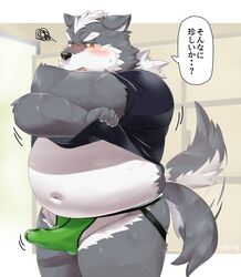 2019 anthro belly biped blush bulge canid canine canis clothed clothing domestic_dog erection erection_under_clothing hi_res humanoid_hands japanese_text male male_only mammal navel nikiciy open_shirt overweight overweight_male shirt solo text topwear underwear undressing