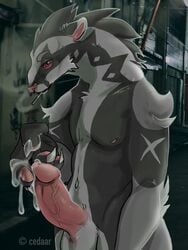 1boy abs ally anthro bodily_fluids cedaar cigarette claws cum cum_on_hand cum_on_penis erection fur genital_fluids humanoid_penis looking_at_viewer male male_only mammal masturbation mustelid navel night nintendo nipples nude obstagoon orgasm outside pawpads paws penis pokémon_(species) pokemon pokemon_ss punk_penis red_eyes sharp_claws smoke smoking solo standing testicles thick_penis veins veiny_penis video_games