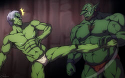 chest_tuft clothed ear_piercings facial_hair fighting fundoshi funeral-paws gay goblin goblin_male goblin_slayer hairy kicking larger_male male_only muscle_gut musclegut muscular rigurd surprise tusks