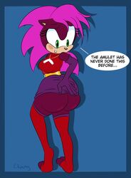 1girls ass ass_expansion bodysuit bubble_butt chinry clothing dialogue female female_only green_eyes hedgehog leggings looking_at_ass necklace pink_fur pink_hair sega short_skirt skirt solo solo_female sonia_the_hedgehog sonic_(series)