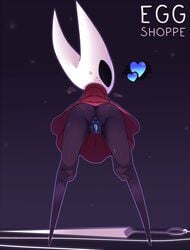 1girls anus arthropod ass bodily_fluids cloak clothing eggshoppe featureless female hand_on_leg heart hi_res hollow_knight hornet_(hollow_knight) insects looking_at_viewer looking_back pussy solo sweat team_cherry