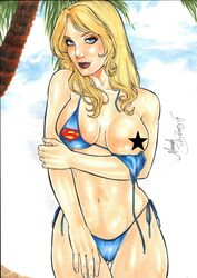 1girls 2019 alternate_costume argoan beach big_breasts bikini blonde_hair blue_bikini blue_bikini_bottom blue_bikini_top blue_bra blue_eyes blue_panties blue_thong bra bra_down breasts busty censored curvaceous curvy dated dc dc_comics ed_benes_studio eyeshadow female female_only kara_zor-el kryptonian large_breasts lipstick long_hair makeup mariah_benes mascara midriff panties partially_visible_nipples pinup red_lips red_lipstick signature solo standing star_censor stomach supergirl supergirl_panties superheroine superman_(series) thighs thong tropical voluptuous