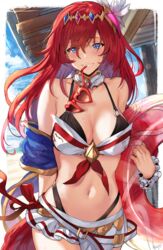 1girls alexiel bangs bare_shoulders beach bikini black_bikini blue_eyes blue_sky blush breasts cleavage commentary detached_collar eyewear_removed granblue_fantasy grin hair_between_eyes hair_ornament heart heart-shaped_eyewear hews_hack highres innertube large_breasts layered_bikini long_hair looking_at_viewer microskirt mouth_hold navel red_hair sash scrunchie skirt sky smile solo sunglasses sunglasses_removed swimsuit very_long_hair white_bikini wrist_scrunchie