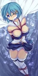 1girls blue_eyes blue_hair blush bondage breasts cape cleavage cloth_gag gag magical_girl mahou_shoujo_madoka_magica maullarmaullar medium_breasts miki_sayaka one_eye_closed panties rope striped_panties thighhighs underwater white_legwear