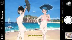 2girls beach breasts censored feet glasses hair hand hip mouth navel nipples nude pussy standing umbrella 生ドーナツ_donatsu